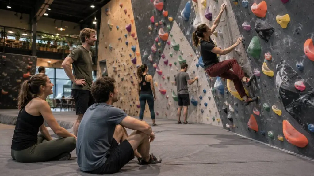 Binnenactiviteiten in Nederland met volwassenen die samen boulderen in een indoor klimhal