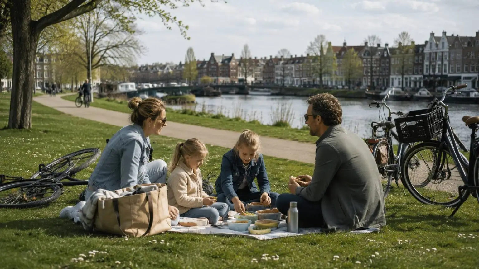 Gratis activiteiten in Nederland met een gezin dat picknickt en fietst tijdens een dagje uit