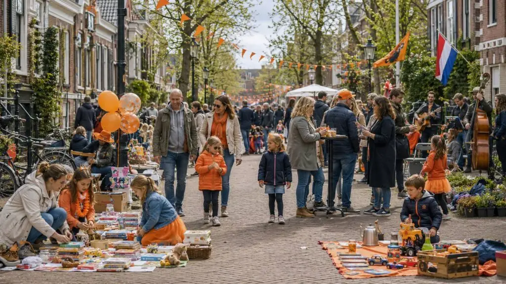 Koningsdag vrijmarkt waar kinderen en gezinnen tweedehands spullen verkopen