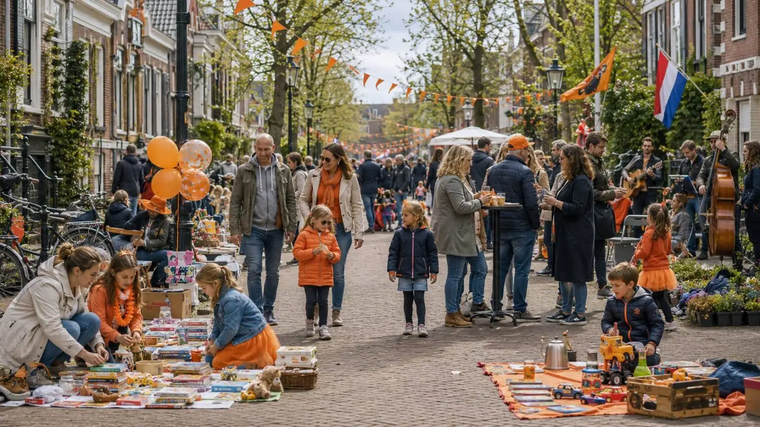 Koningsdag vrijmarkt waar kinderen en gezinnen tweedehands spullen verkopen