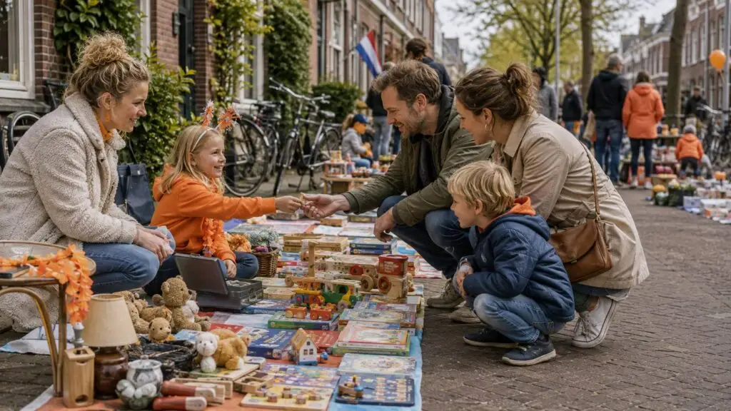 Koningsdag met oranje kleding, vrijmarkt en activiteiten in een Nederlandse buurt